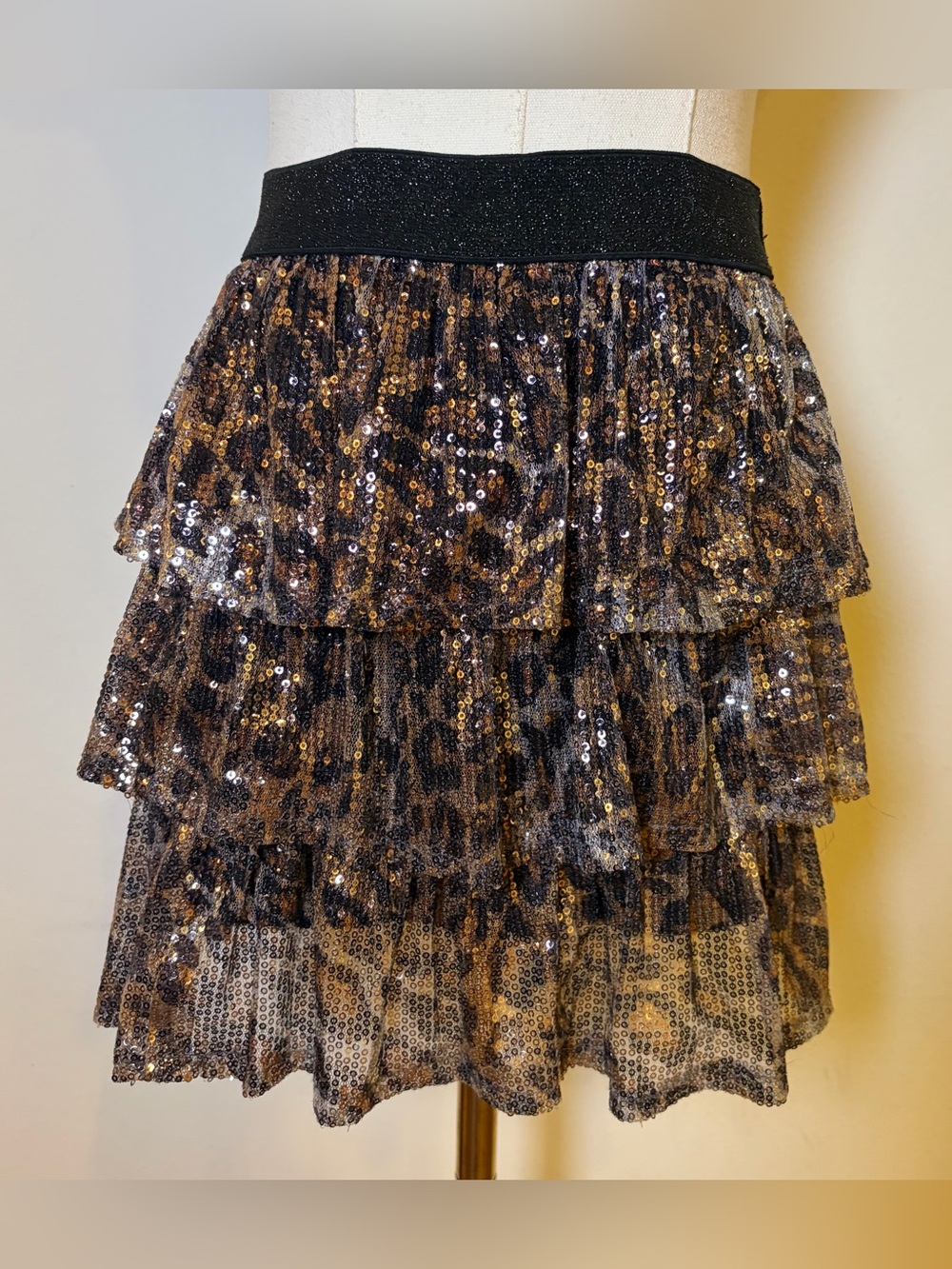 Mar-Q Leopard Sequin Tiered Mini Skirt Size M